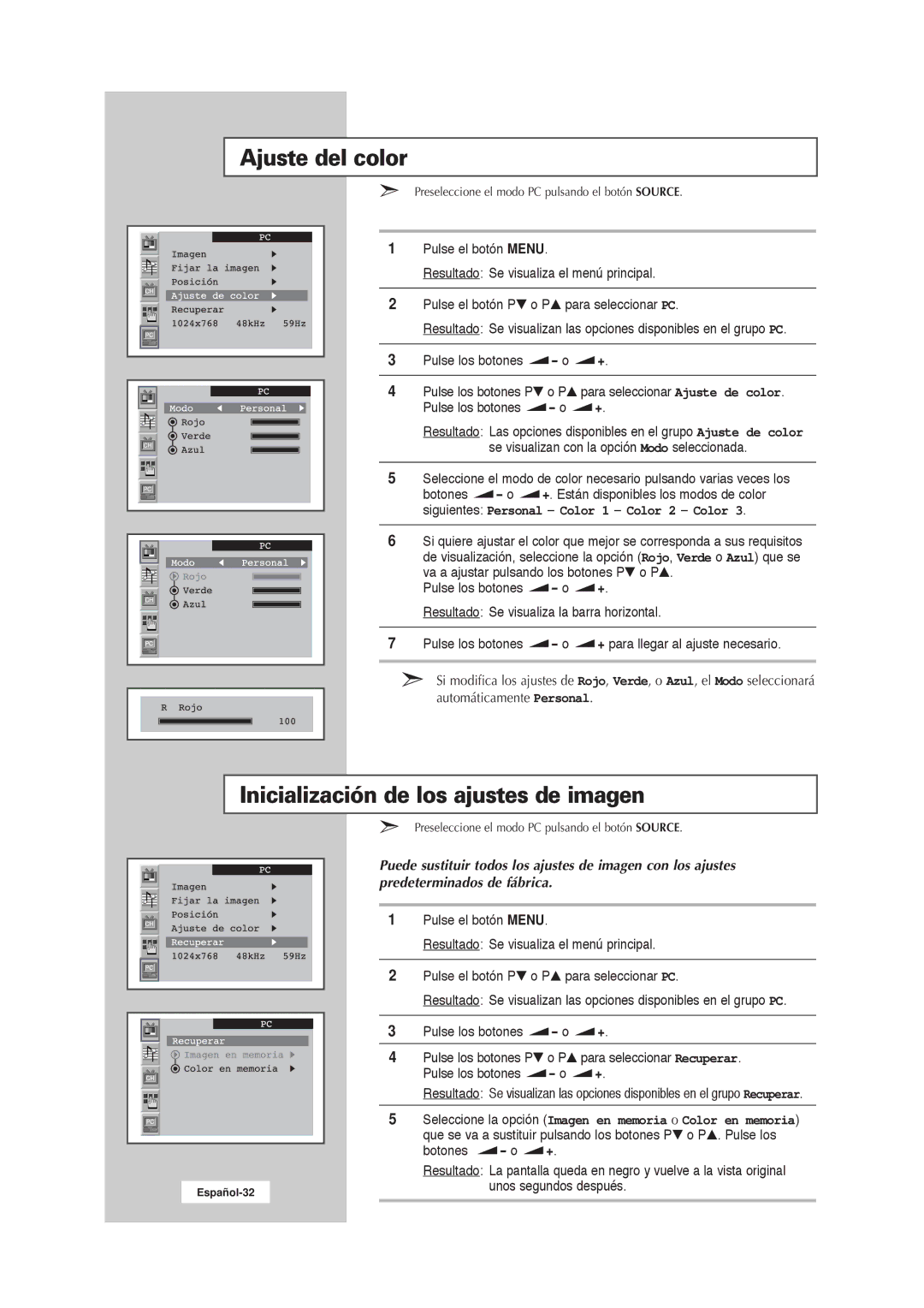 Samsung RS21ASSSW/EDC manual Ajuste del color, Inicialización de los ajustes de imagen, Unos segundos después 