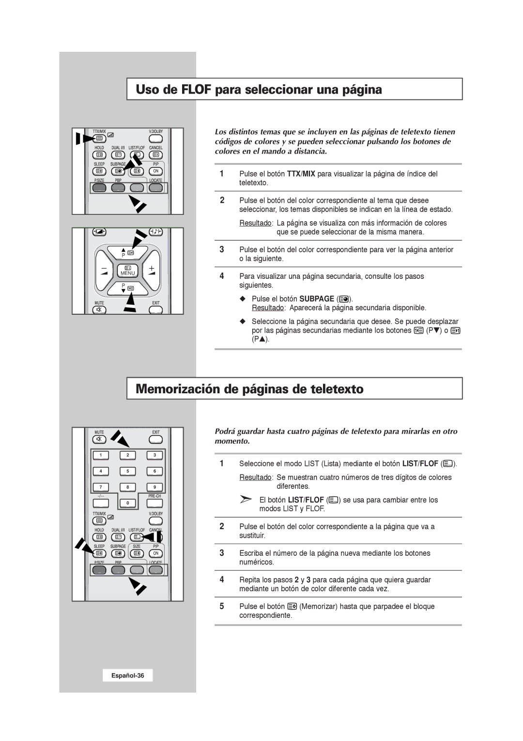 Samsung RS21ASSSW/EDC manual Uso de Flof para seleccionar una página, Memorización de páginas de teletexto 