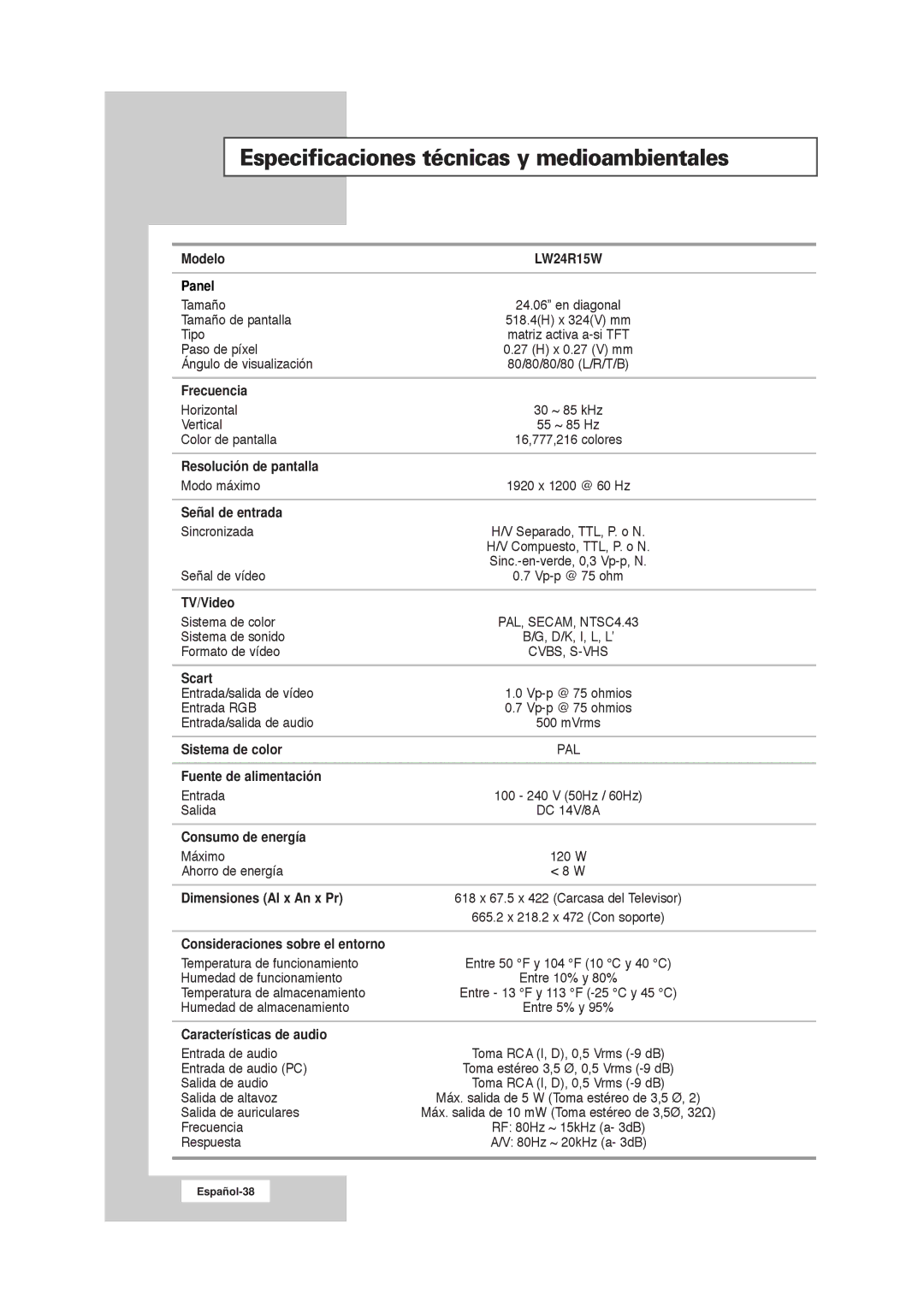 Samsung RS21ASSSW/EDC manual Especificaciones técnicas y medioambientales 