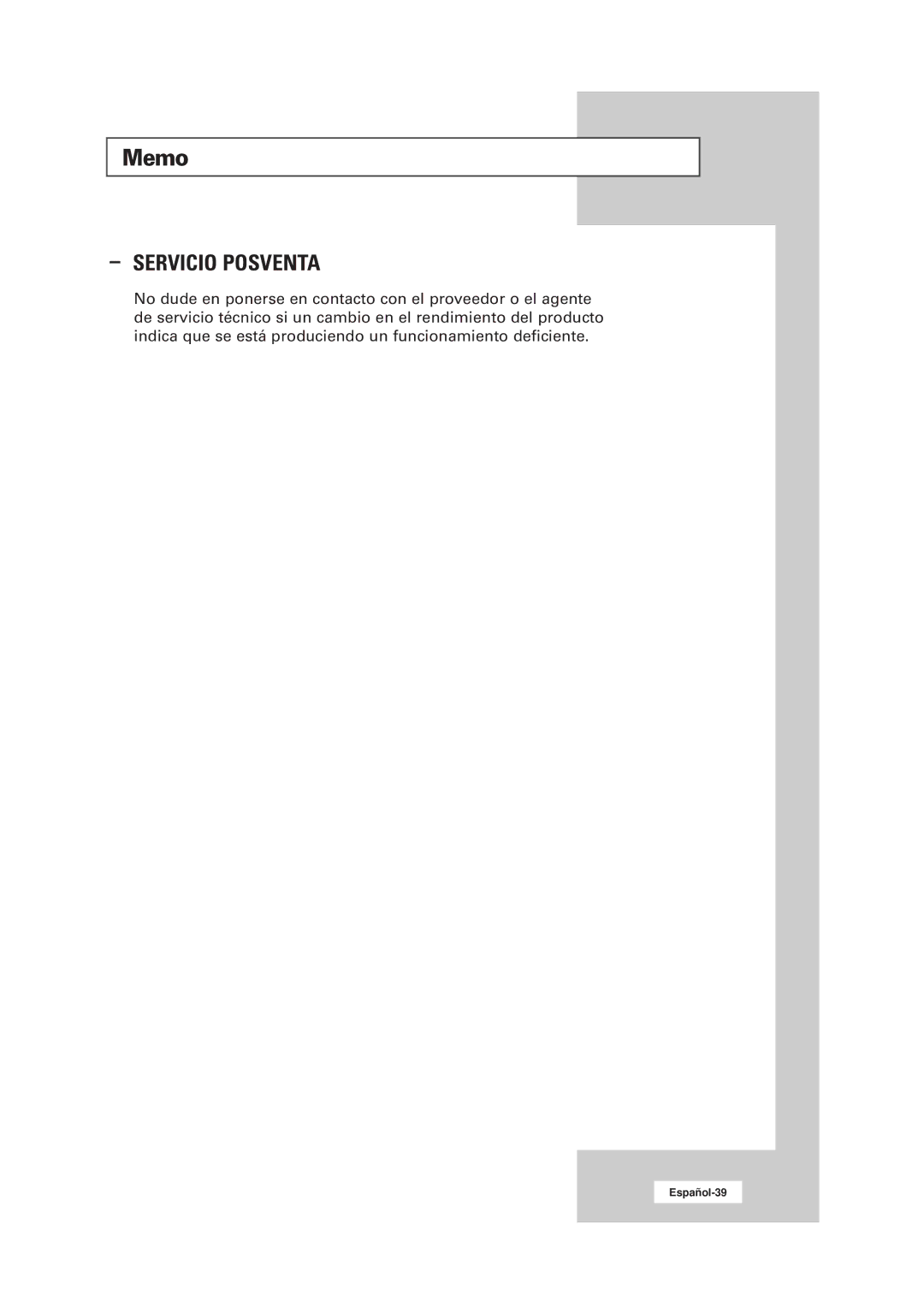 Samsung RS21ASSSW/EDC manual Memo, Servicio Posventa 