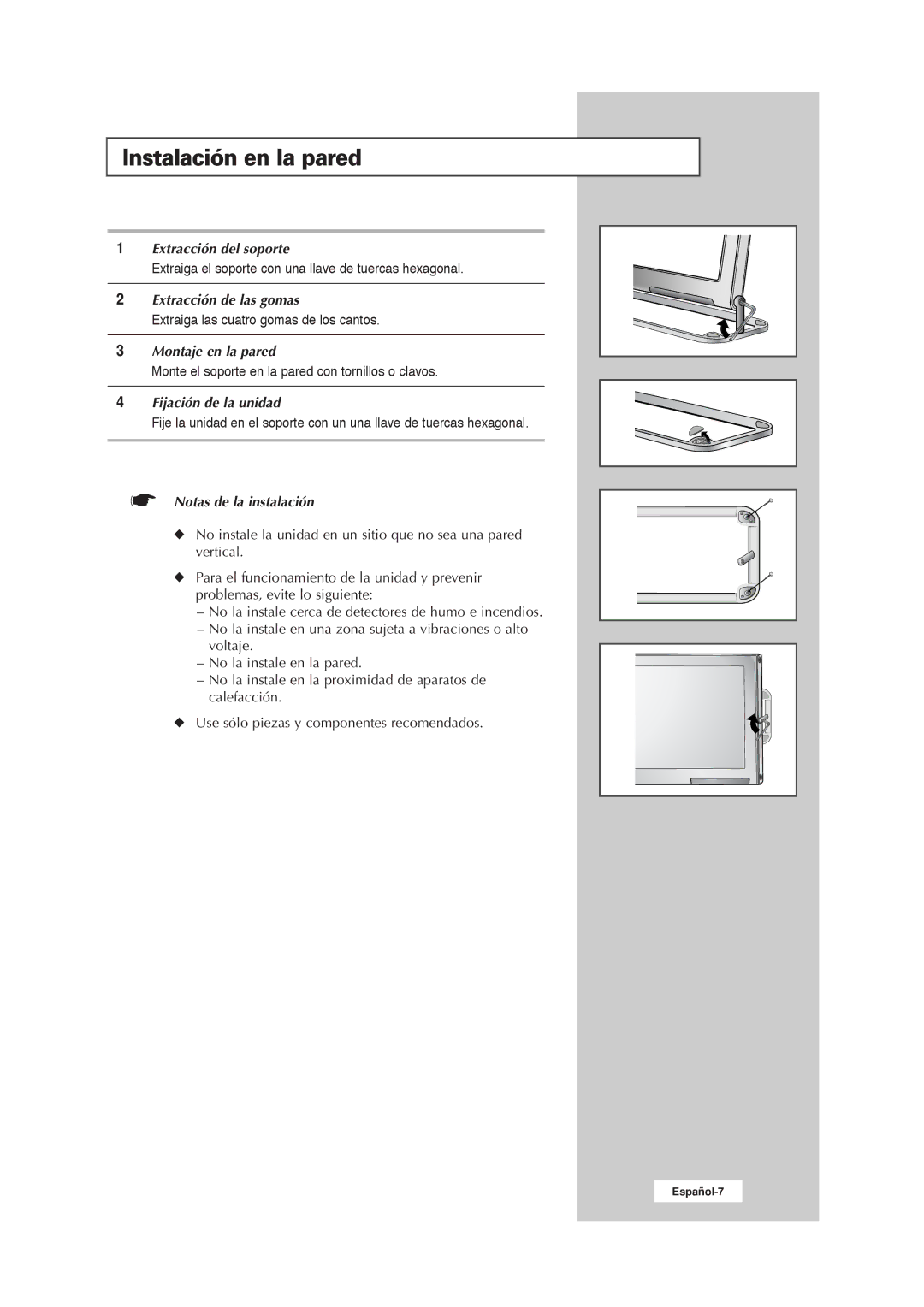 Samsung RS21ASSSW/EDC manual Instalación en la pared, Notas de la instalación 