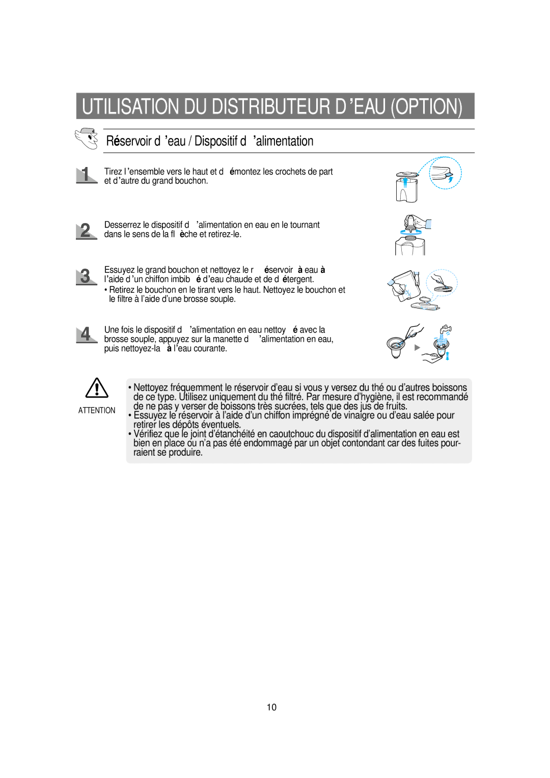 Samsung RS21FCNS1/XEU, RS21DCSW1/XEF Utilisation DU Distributeur D’EAU Option, Réservoir d’eau / Dispositif d’alimentation 