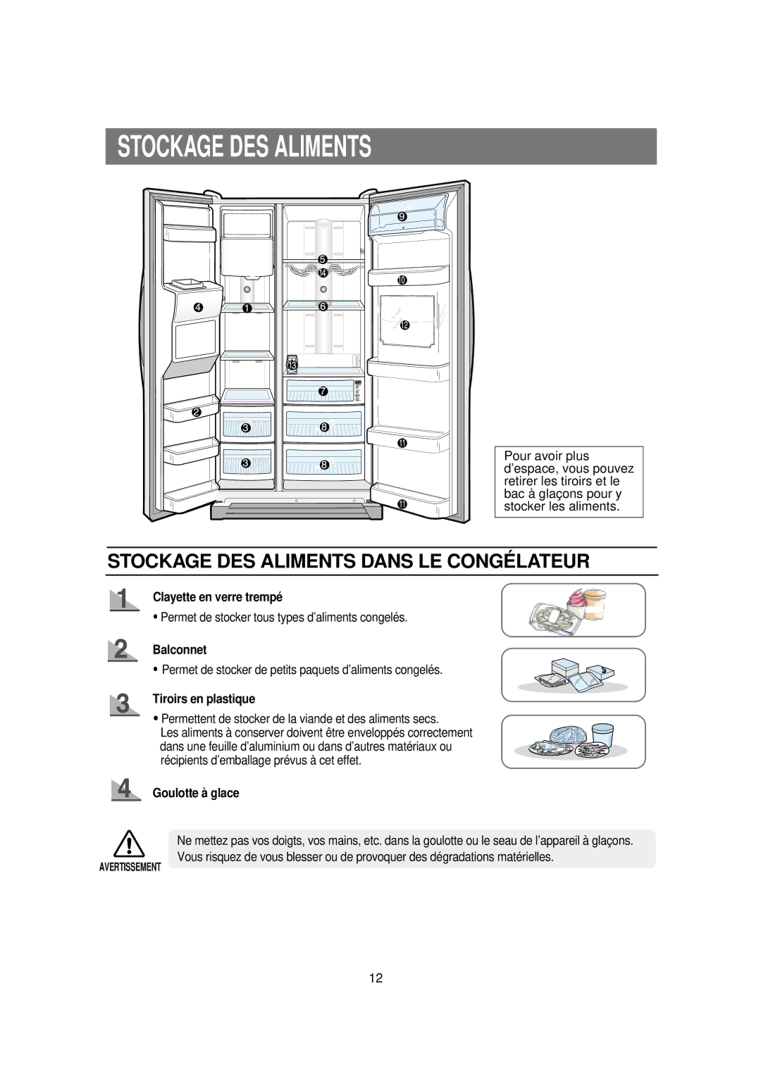 Samsung RS21DCSW1/XEF Stockage DES Aliments, Clayette en verre trempé, Balconnet, Tiroirs en plastique, Goulotte à glace 