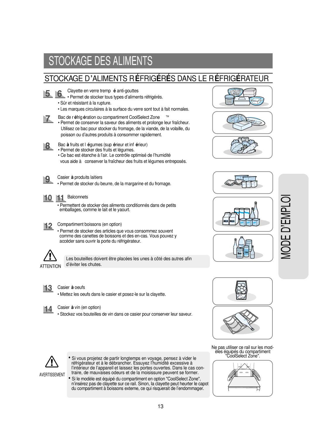 Samsung RS21DCSW1/CAH manual Clayette en verre trempé anti-gouttes, Bac de réfrigération ou compartiment CoolSelect ZoneTM 