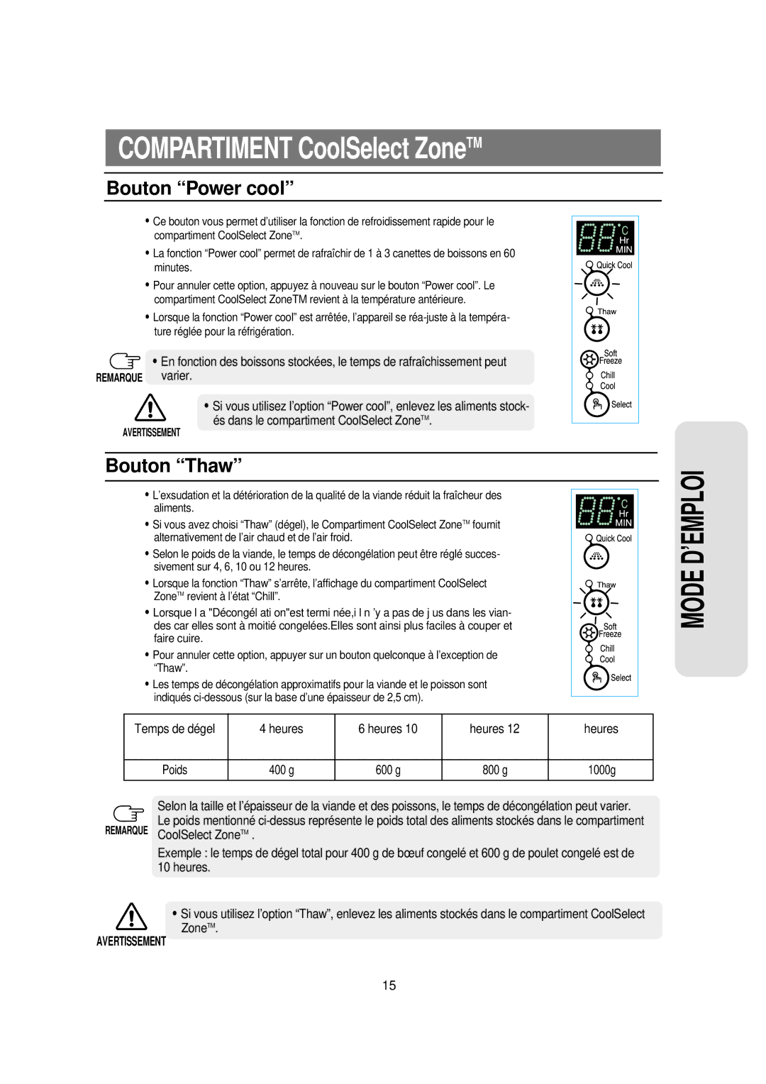 Samsung RS21FAMS1/CAF, RS21DCSW1/XEF, RS21DCSW1/CAH, RS21DCSW1/CAF manual Bouton Power cool, Bouton Thaw, Remarque varier 