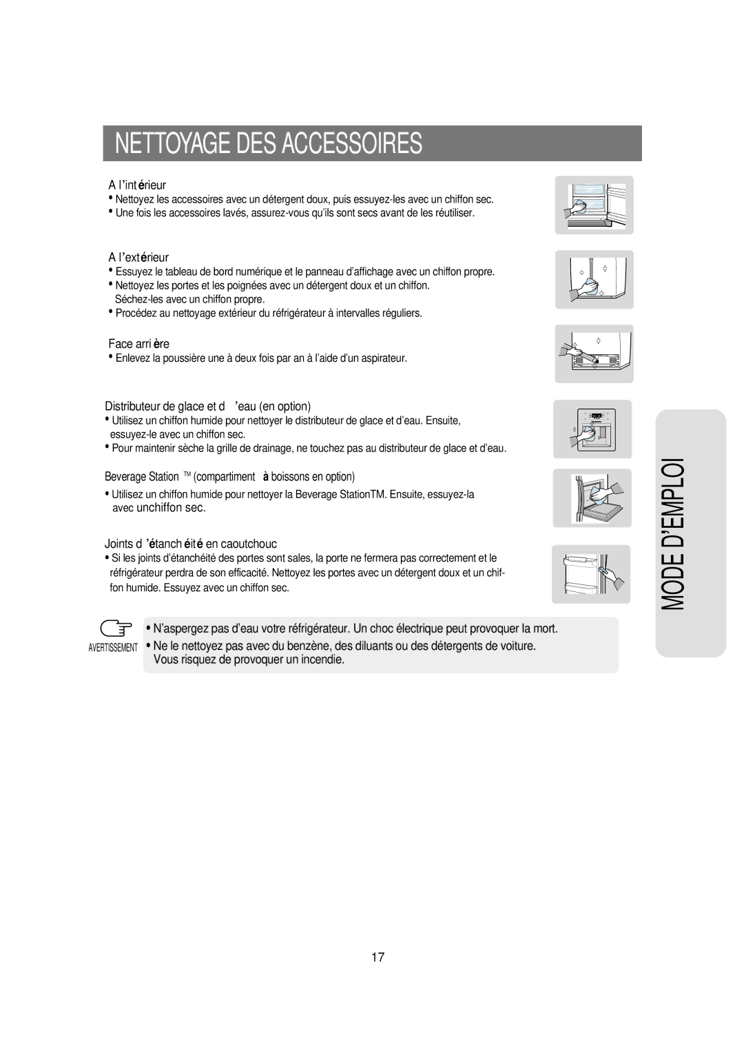 Samsung RS21FAMS1/CAH, RS21DCSW1/XEF, RS21DCSW1/CAH, RS21DCSW1/CAF, RS21FAMS1/CAF, RS21FCNS1/XEU Nettoyage DES Accessoires 