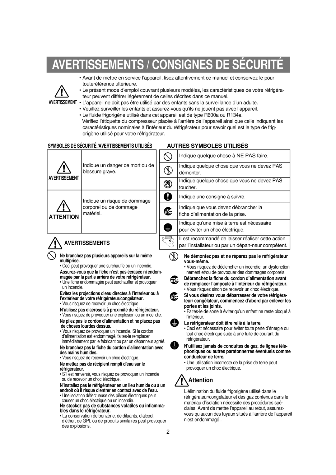 Samsung RS21DCSW1/CAF manual Multiprise Vous-même, Portes et les joints, Le réfrigérateur doit être relié à la terre 