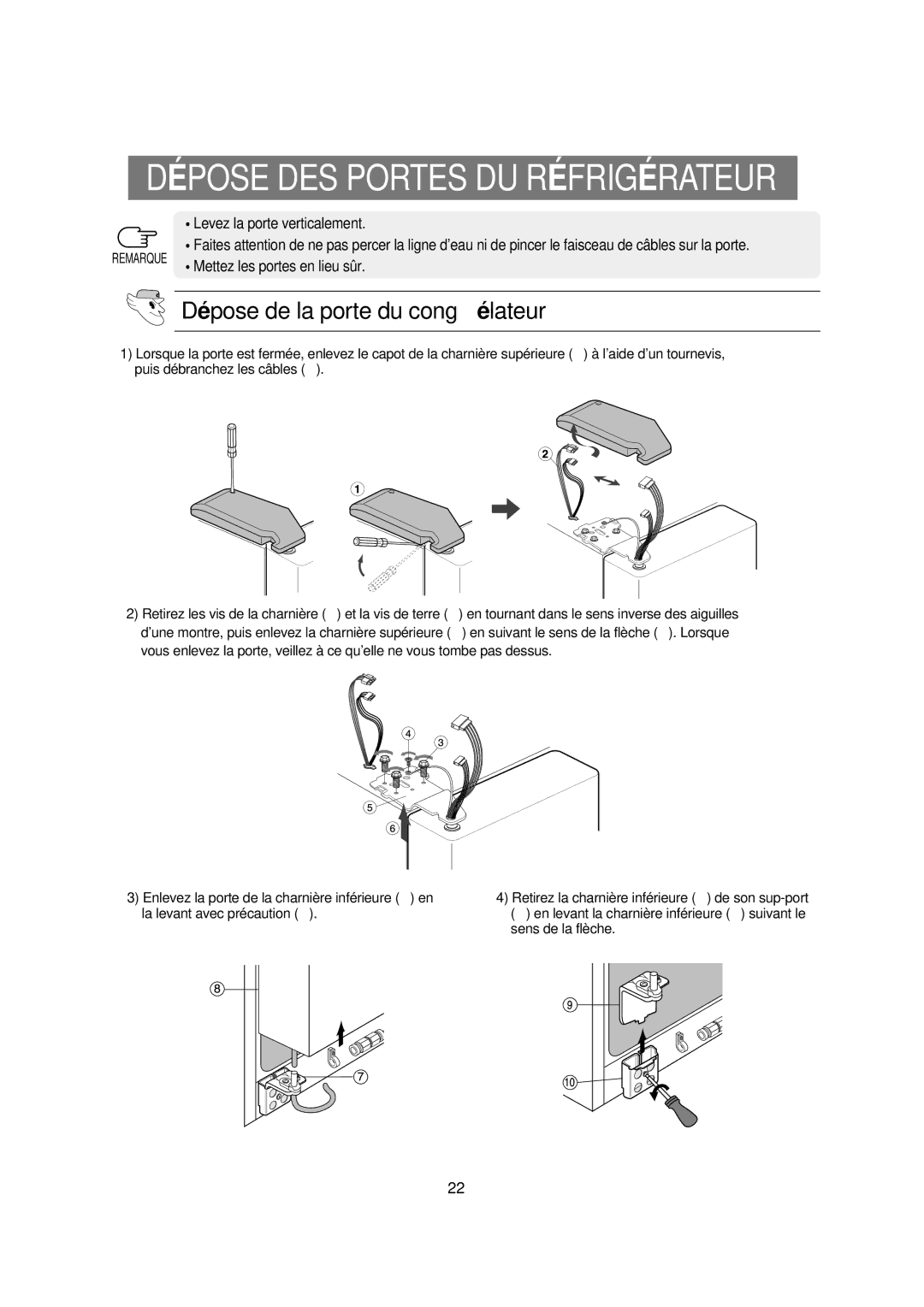 Samsung RS21FCNS1/XEU, RS21DCSW1/XEF, RS21DCSW1/CAH, RS21DCSW1/CAF, RS21FAMS1/CAF manual Dé pose de la porte du congé lateur 