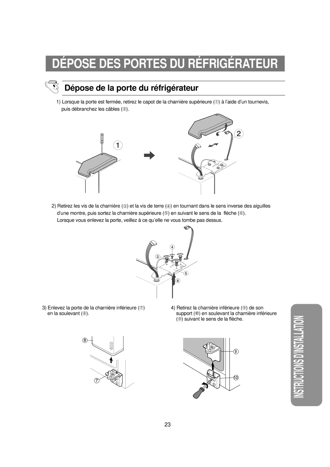 Samsung RS21FAMS1/CAH, RS21DCSW1/XEF, RS21DCSW1/CAH, RS21DCSW1/CAF, RS21FAMS1/CAF manual Dé pose de la porte du ré frigé rateur 