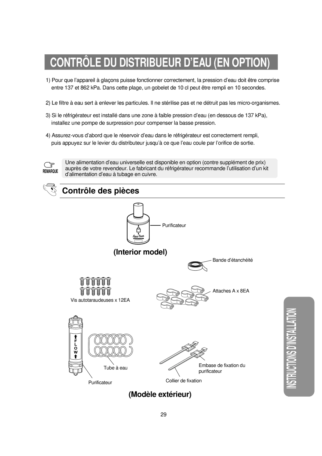 Samsung RS21FAMS1/CAH, RS21DCSW1/XEF, RS21DCSW1/CAH manual Contrô LE DU Distribueur D’EAU EN Option, Contrô le des piè ces 