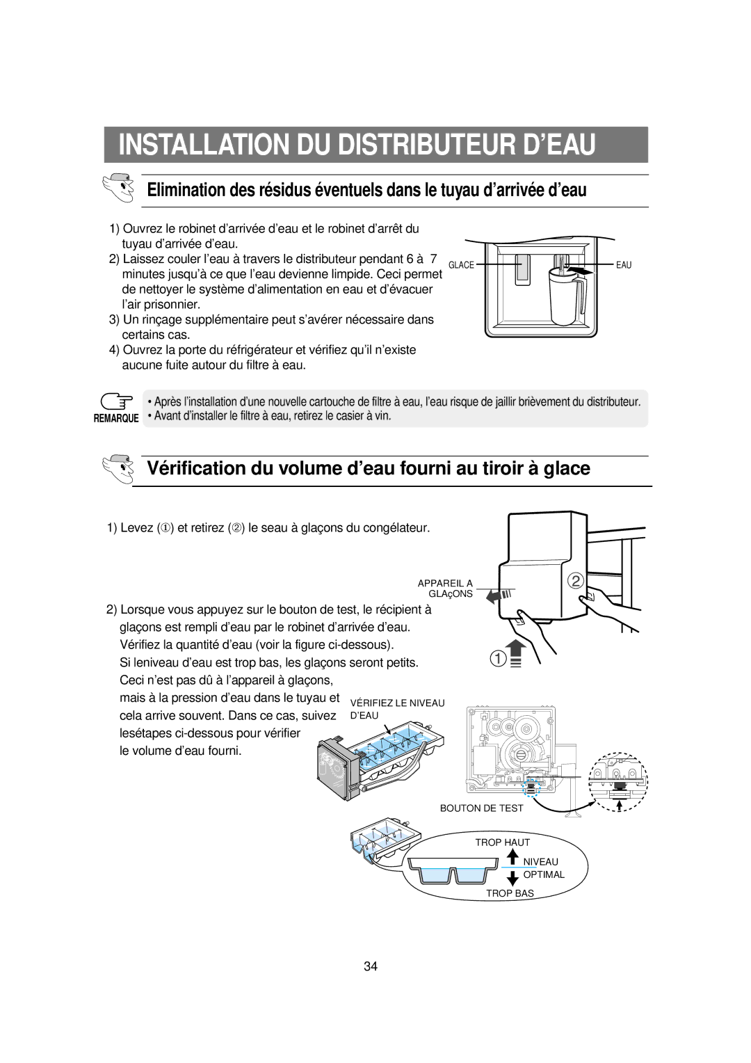 Samsung RS21FCNS1/XEU, RS21DCSW1/XEF, RS21DCSW1/CAH, RS21DCSW1/CAF Vé rification du volume d’eau fourni au tiroir à glace 