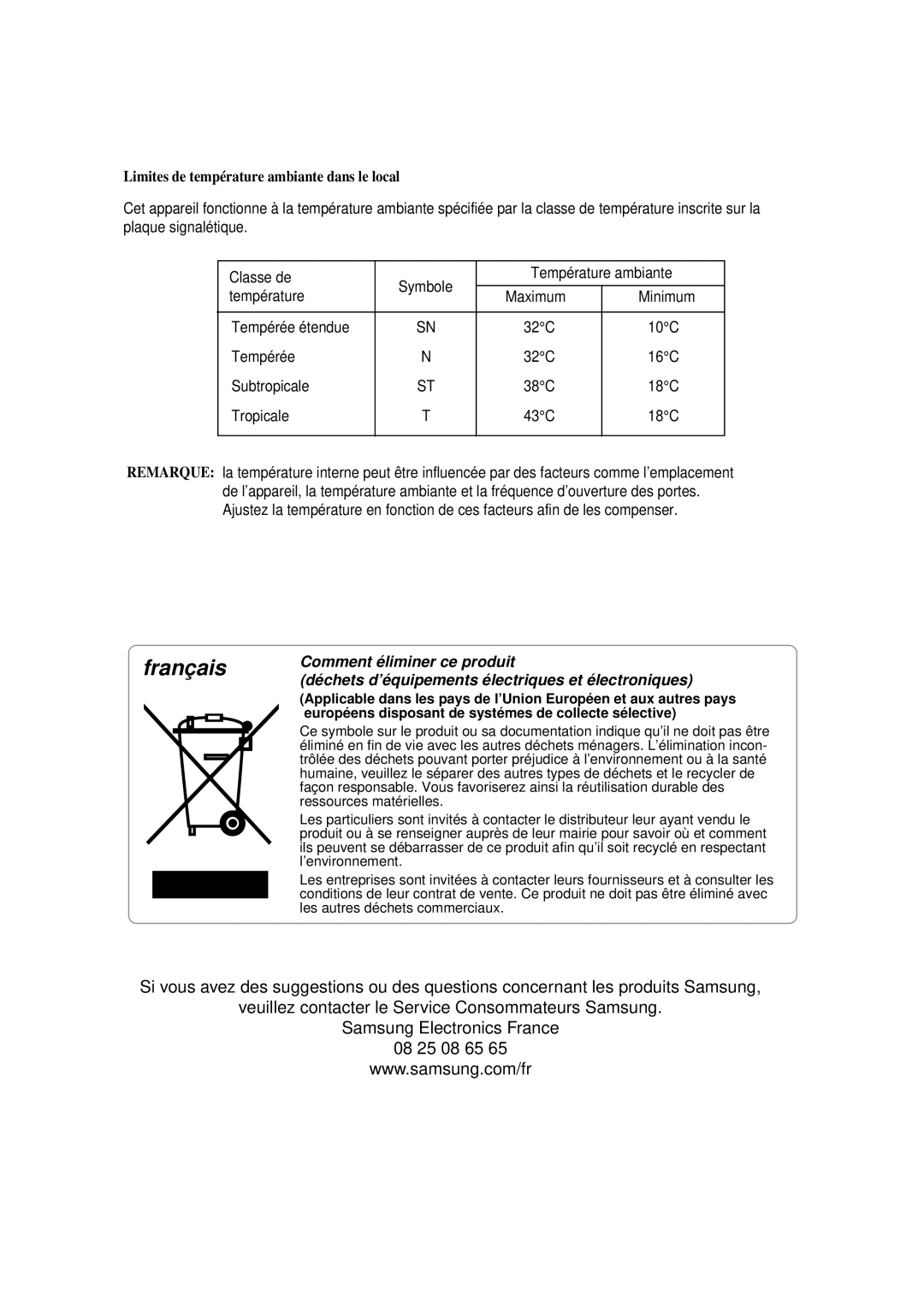 Samsung RS21DCSW1/XEF, RS21DCSW1/CAH, RS21DCSW1/CAF, RS21FAMS1/CAF manual Limites de température ambiante dans le local 