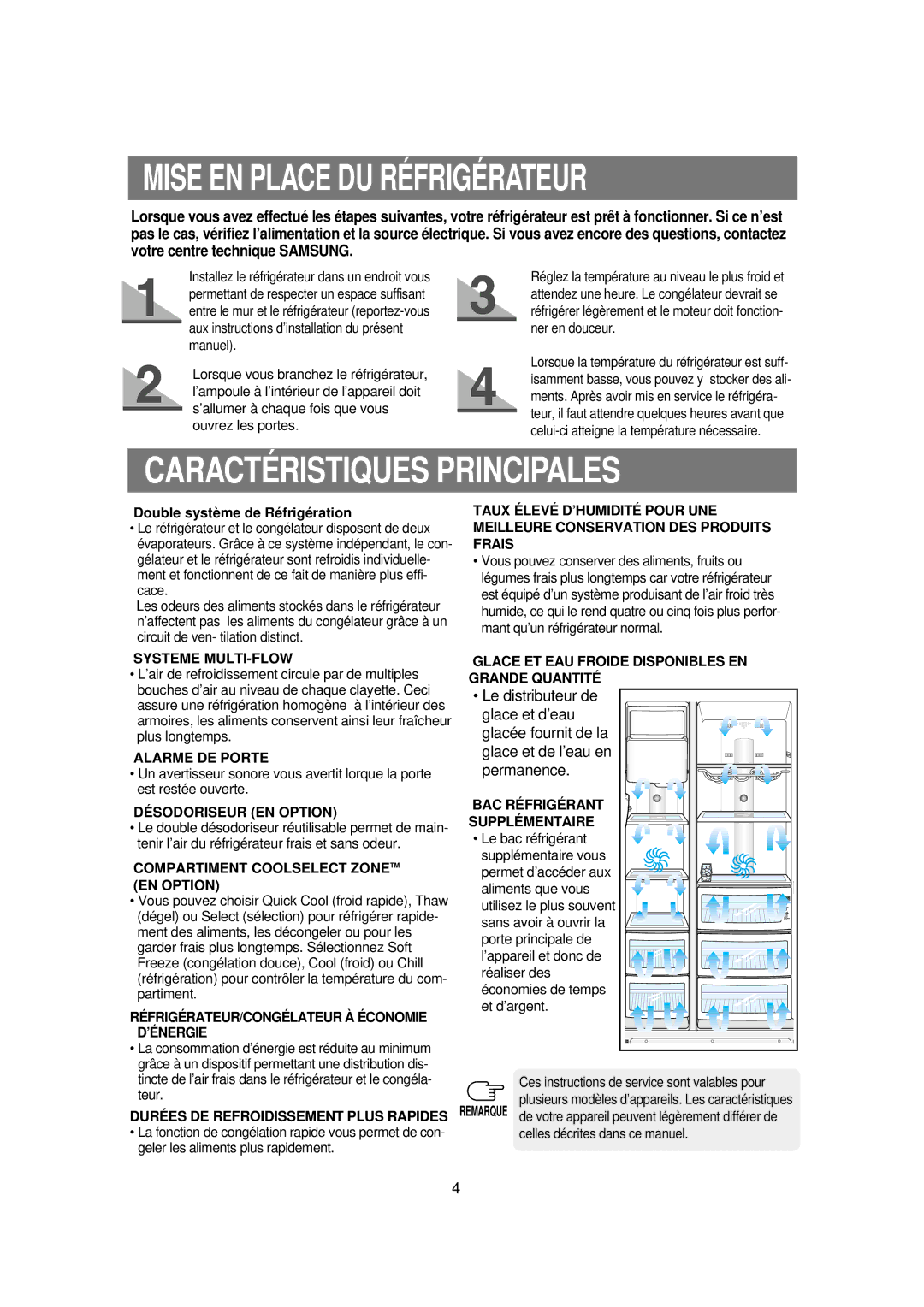 Samsung RS21FCNS1/XEU manual Mise EN Place DU Réfrigérateur, Caractéristiques Principales, Double système de Réfrigération 