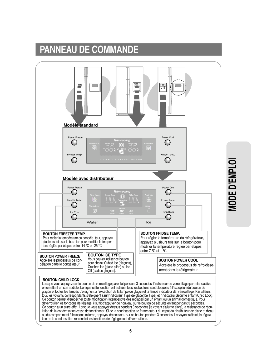 Samsung RS21FAMS1/CAH, RS21DCSW1/XEF, RS21DCSW1/CAH manual Panneau DE Commande, Modèle standard Modèle avec distributeur 