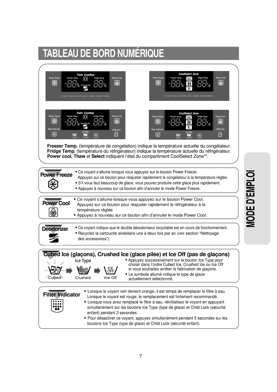 Samsung RS21DCSW1/CAH, RS21DCSW1/XEF, RS21DCSW1/CAF, RS21FAMS1/CAF, RS21FCNS1/XEU Tableau DE Bord Numé Rique, Power Freeze 