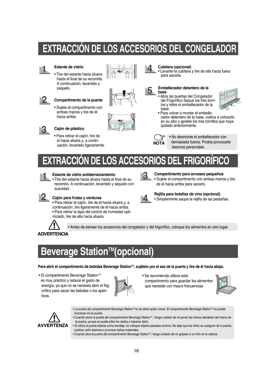 Samsung RS21DCSW1/XEF manual Estante de vidrio, Cajón de plástico, Cubitera opcional, Embellecedor delantero de la base 