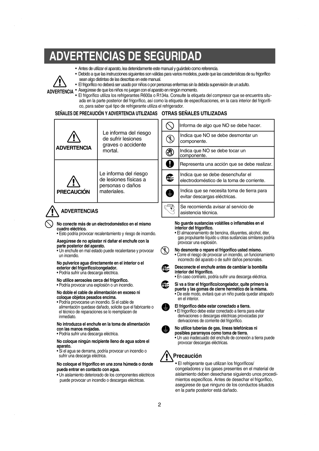 Samsung RS21DCSW1/XEF manual Advertencias DE Seguridad, No utilice aerosoles cerca del frigorífico 