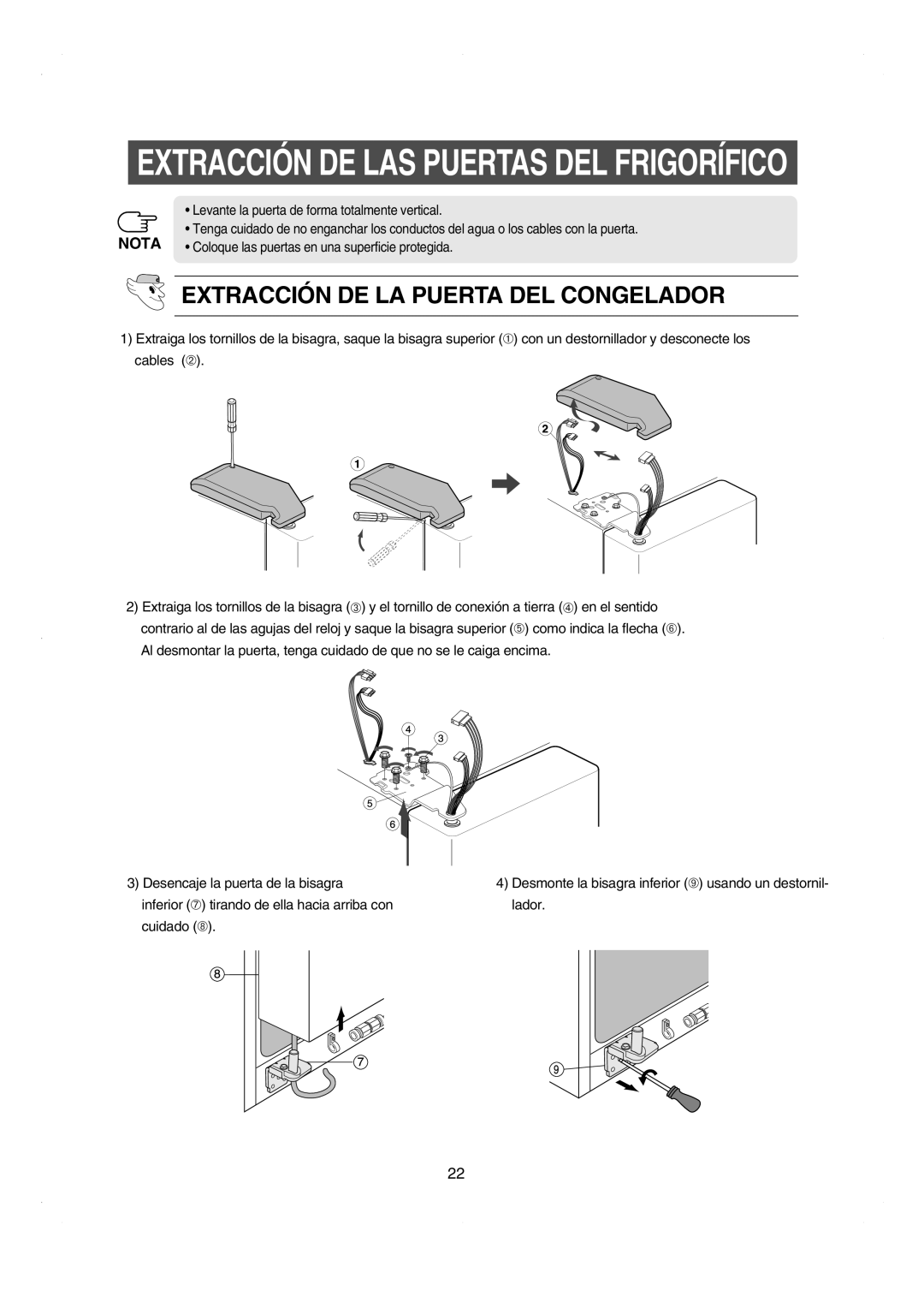 Samsung RS21DCSW1/XEF manual Extracción DE LA Puerta DEL Congelador, Levante la puerta de forma totalmente vertical 