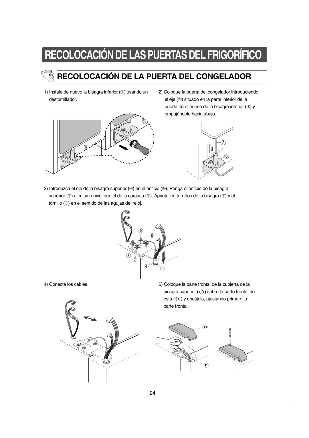 Samsung RS21DCSW1/XEF Recolocación DE LA Puerta DEL Congelador, Ésta 11 y encájela, ajustando primero la, Parte frontal 