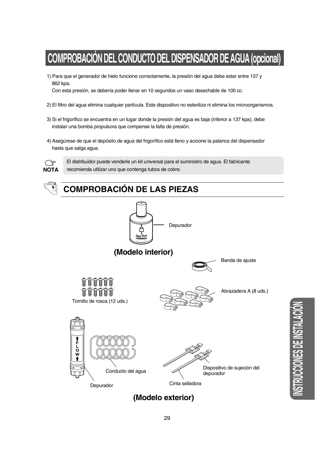 Samsung RS21DCSW1/XEF manual Comprobación DE LAS Piezas, Depurador Cinta selladora 