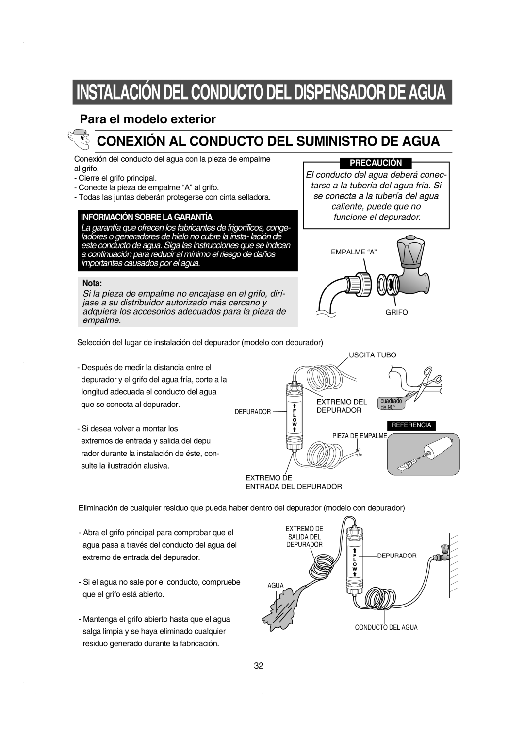 Samsung RS21DCSW1/XEF manual Conexión AL Conducto DEL Suministro DE Agua, Información Sobre LA Garantía 