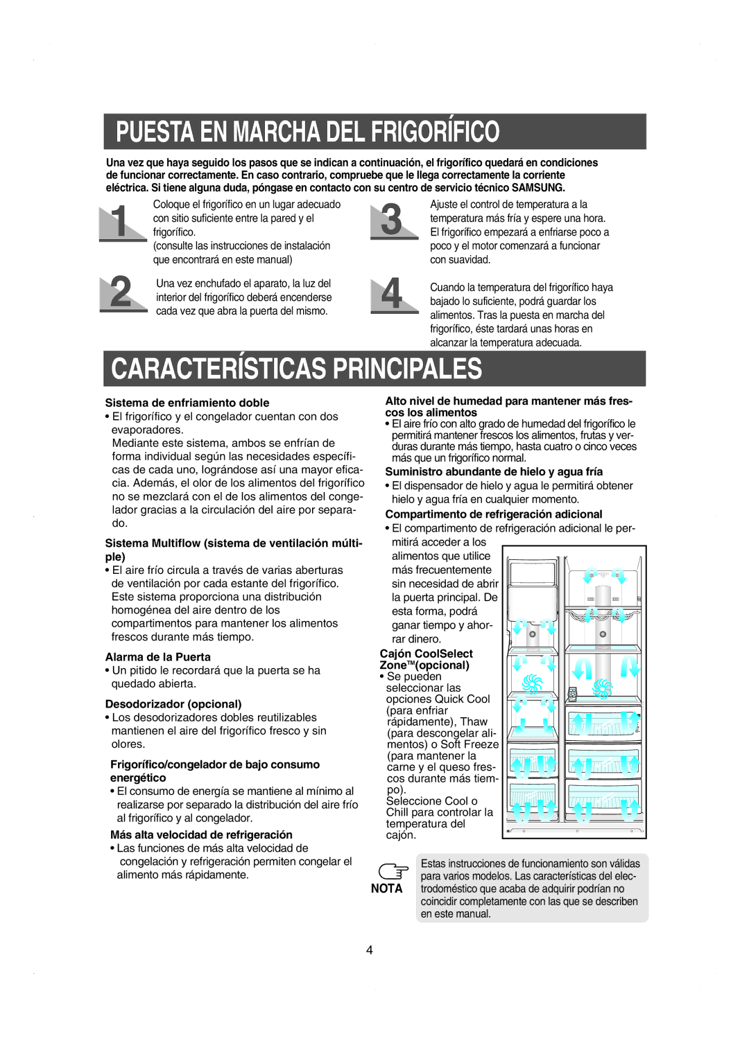 Samsung RS21DCSW1/XEF manual Puesta EN Marcha DEL Frigorífico, Características Principales 