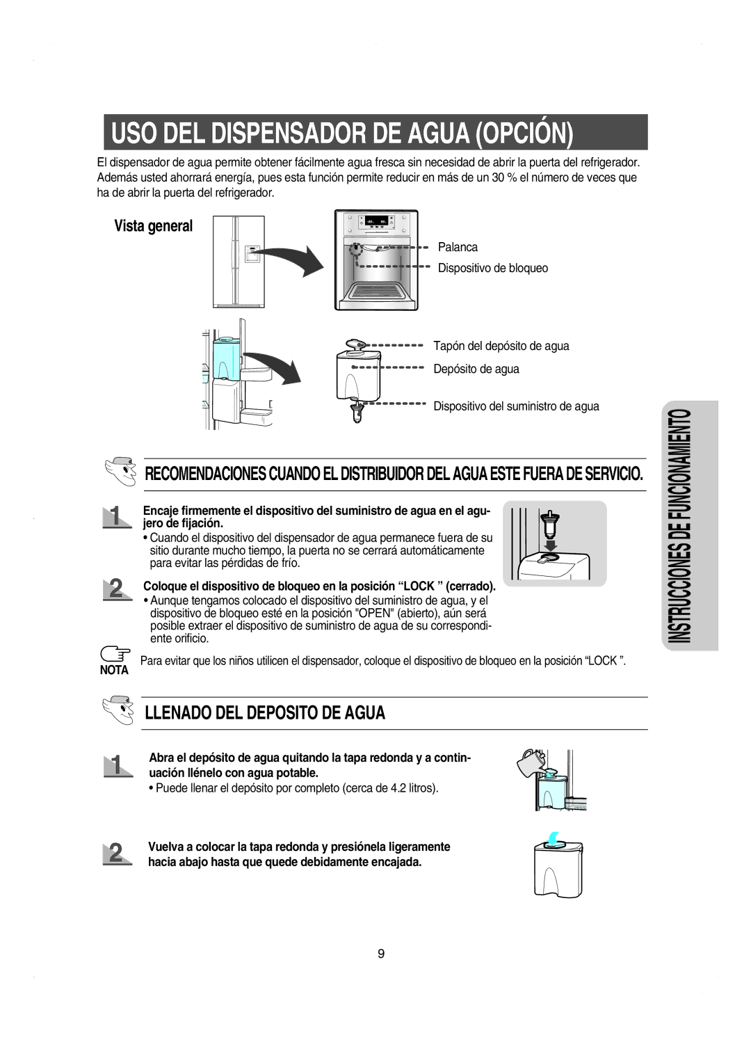 Samsung RS21DCSW1/XEF manual USO DEL Dispensador DE Agua Opción, Llenado DEL Deposito DE Agua 