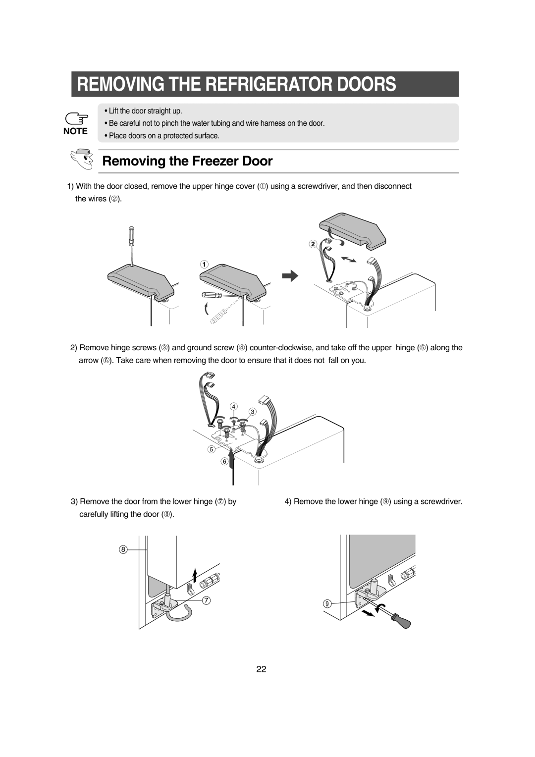 Samsung RS21KLMR1/XEH, RS21DCSW1/XEH, RS21DCSW1/BUL manual Removing the Refrigerator Doors, Removing the Freezer Door 