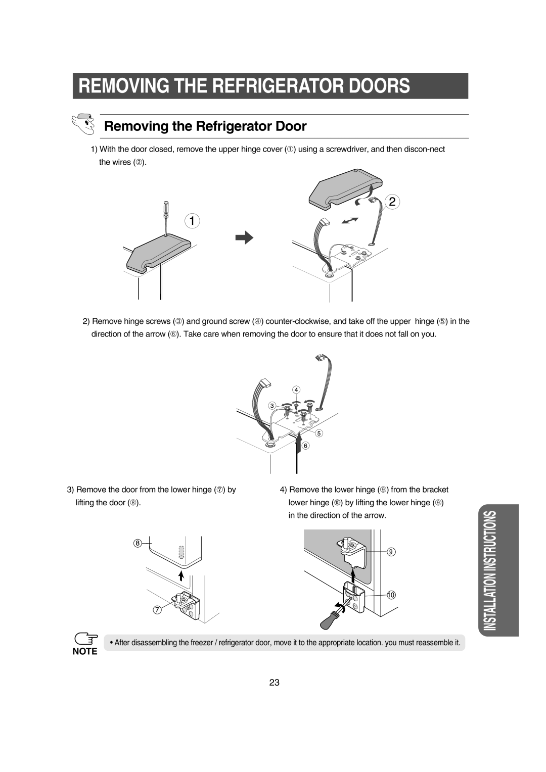 Samsung RS21KLMR1/LIB, RS21DCSW1/XEH, RS21DCSW1/BUL, RS21DCMS1/BUL, RS21DJSV1/XEH manual Removing the Refrigerator Door 