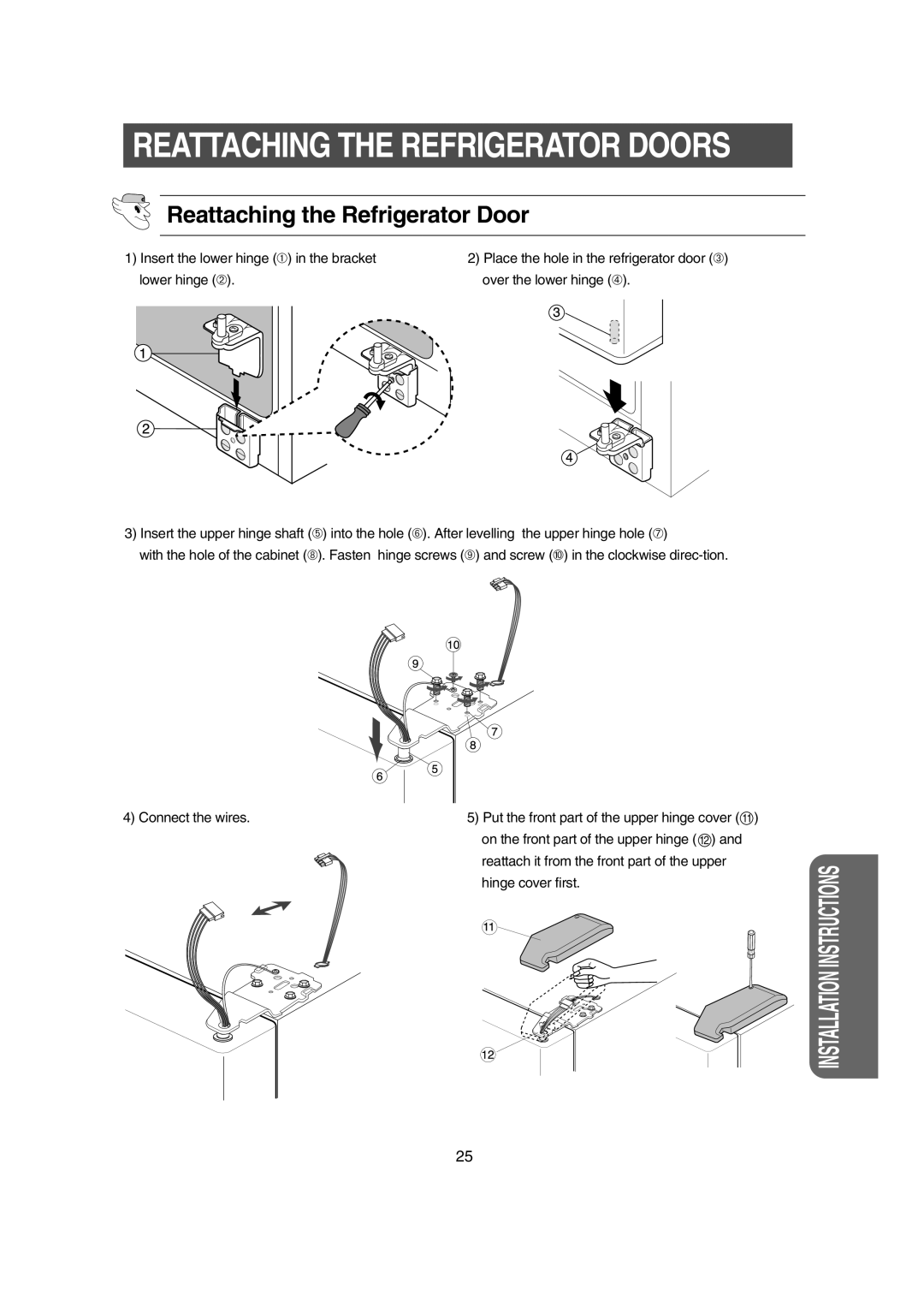 Samsung RS21KPMS1/XEH, RS21DCSW1/XEH, RS21DCSW1/BUL, RS21DCMS1/BUL, RS21DJSV1/XEH manual Reattaching the Refrigerator Door 