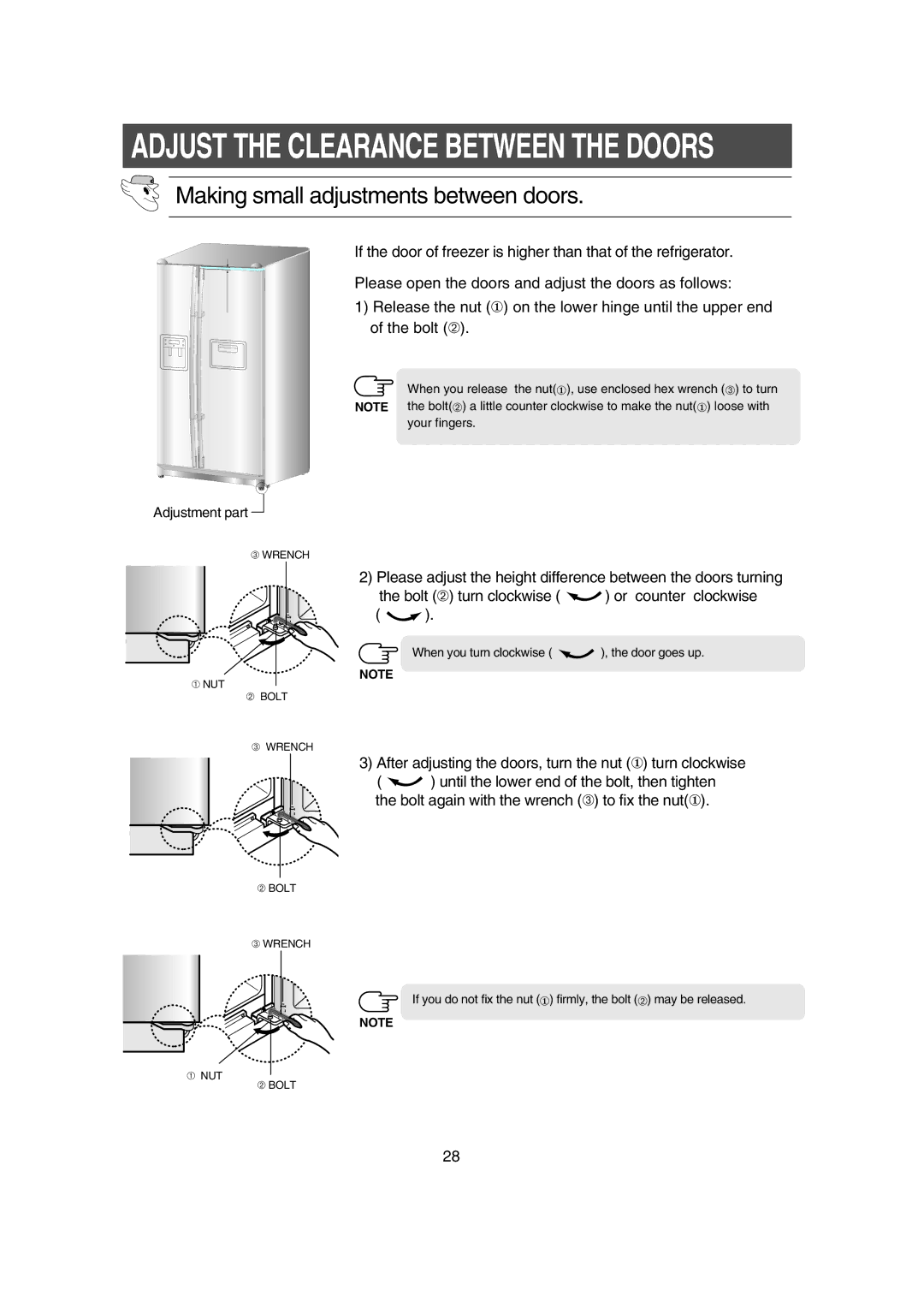 Samsung RS21DCMS1/XEN, RS21DCSW1/XEH, RS21DCSW1/BUL, RS21DCMS1/BUL, RS21DJSV1/XEH manual Adjust the Clearance Between the Doors 