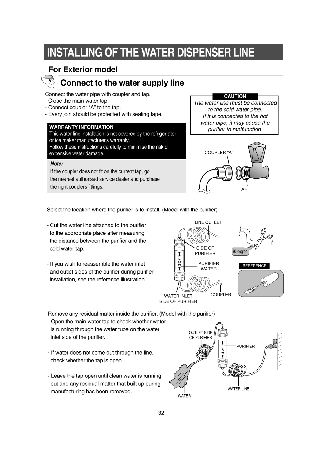 Samsung RS21DCMS1/BUL, RS21DCSW1/XEH, RS21DCSW1/BUL, RS21DJSV1/XEH Connect to the water supply line, Warranty Information 