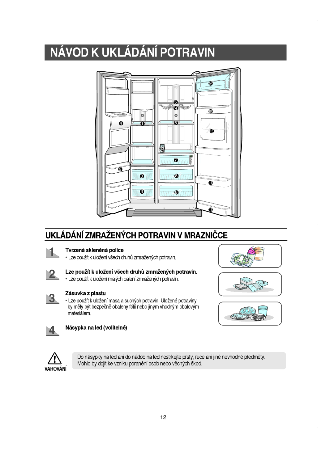 Samsung RS21NJSM1/XEH manual Návod K Ukládání Potravin, Tvrzená sklenûná police, Zásuvka z plastu, Násypka na led volitelné 