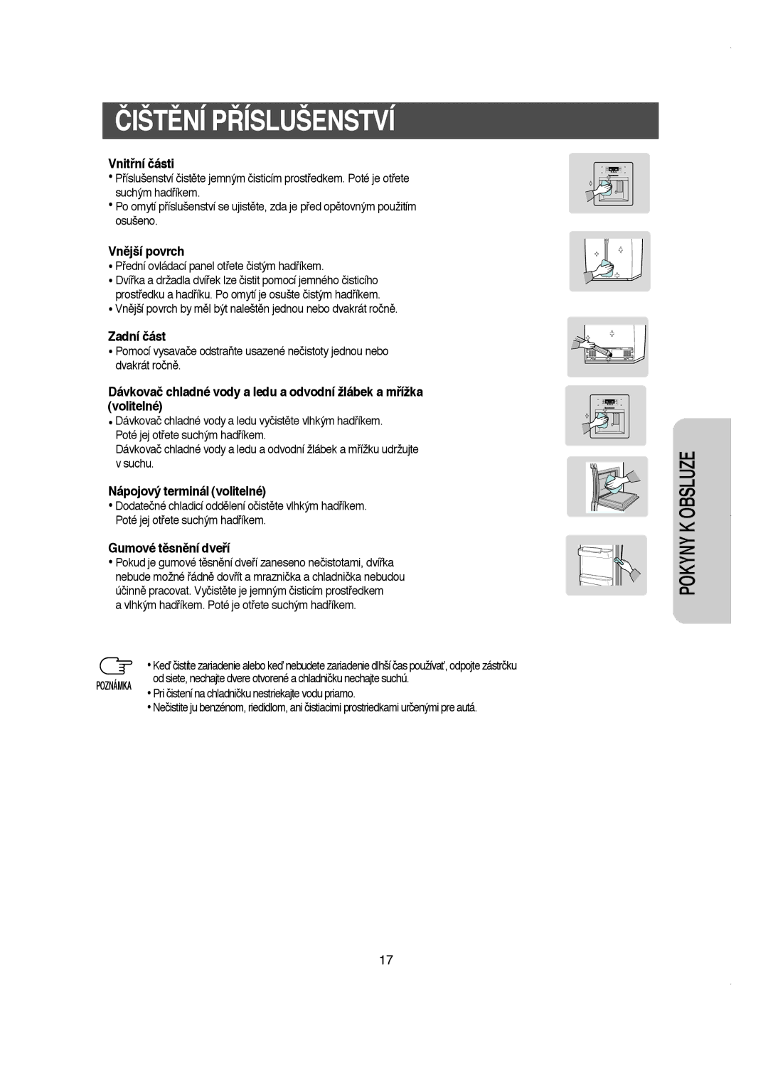 Samsung RS21KPMS1/XEH manual Vnitﬁní části, Vnûjší povrch, Zadní část, Nápojový terminál volitelné, Gumové tûsnûní dveﬁí 