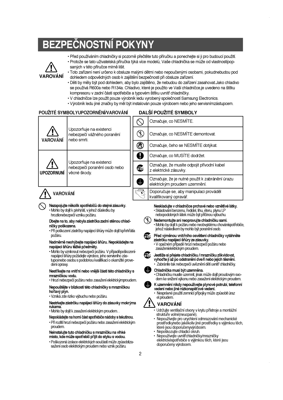 Samsung RS21NJSM1/XEH, RS21DCSW1/XEH Bezpečnostní Pokyny, Použité SYMBOLYUPOZORNùNÍ/VAROVÁNÍ, Chladnička musí být uzemnûna 