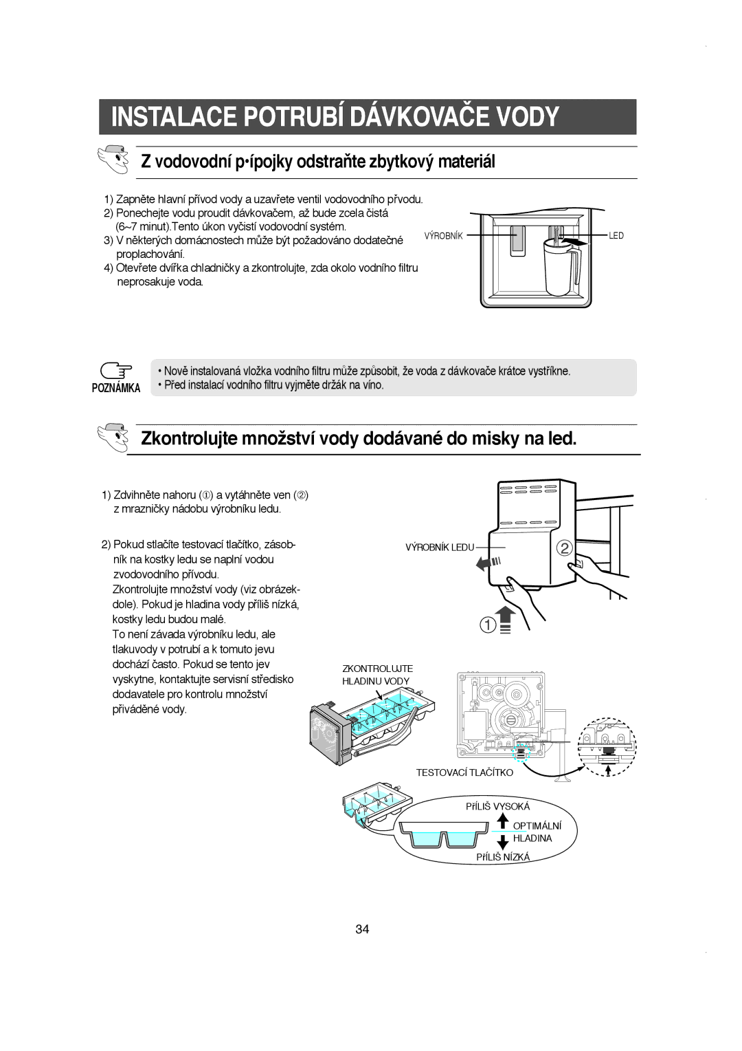 Samsung RS21KLMR1/XEH Vodovodní pípojky odstraÀte zbytkový materiál, Zkontrolujte množství vody dodávané do misky na led 