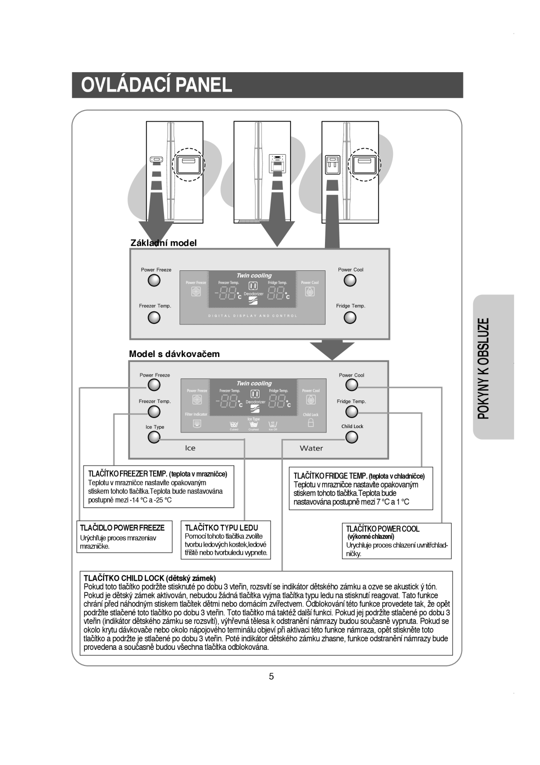 Samsung RS21KLMR1/LIB, RS21DCSW1/XEH Ovládací Panel, Základní model Model s dávkovačem, Tlačítko Child Lock dûtský zámek 