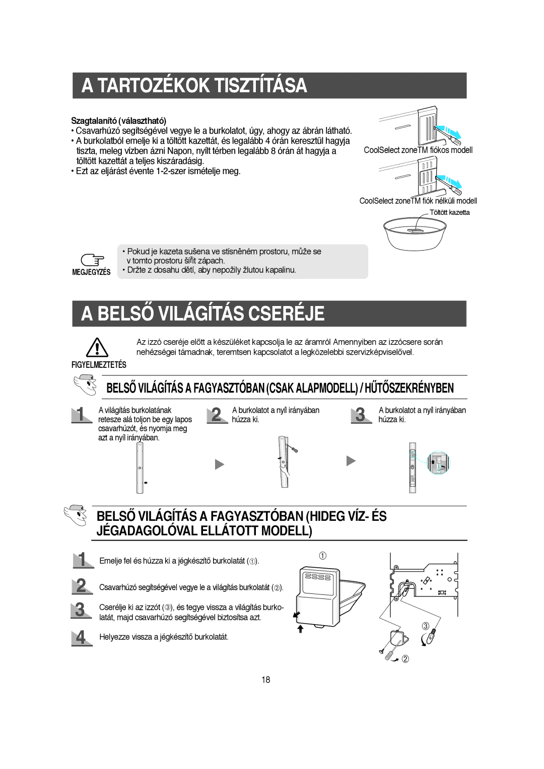 Samsung RS21DCMS1/XEN manual Belsã Világítás Cseréje, Szagtalanító választható, Burkolatot a nyíl irányában hùzza ki 