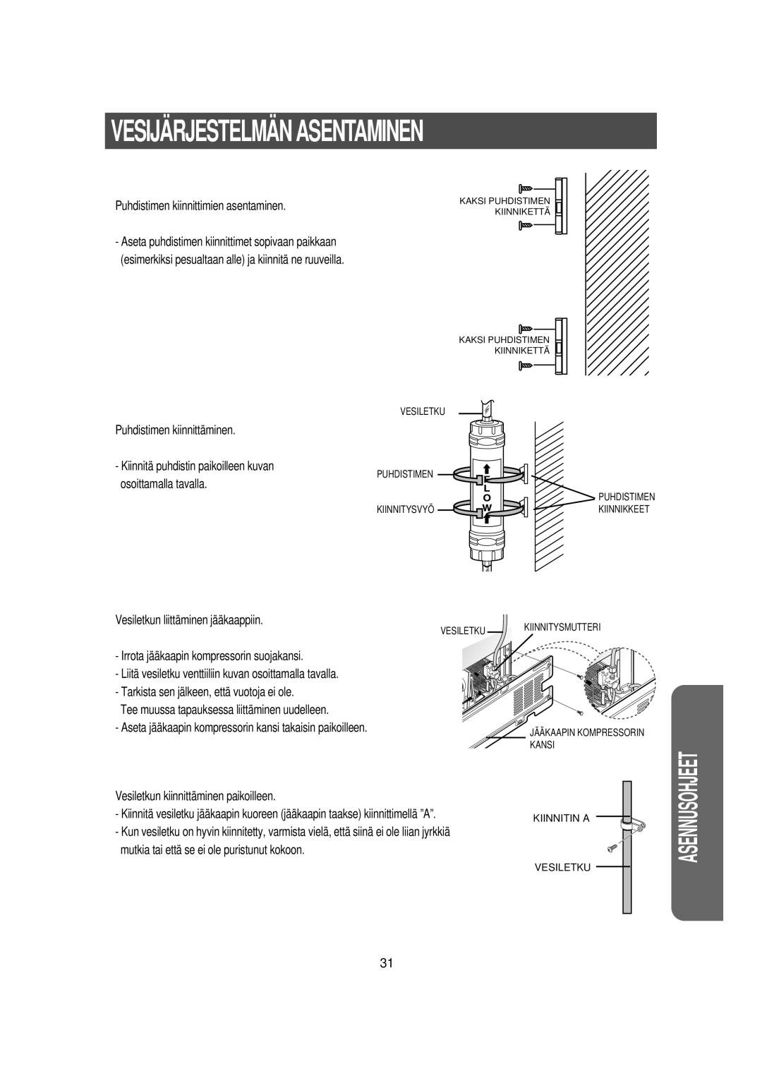 Samsung RS21DGUS1/XEE manual Puhdistimen kiinnittimien asentaminen, Vesiletkun liittäminen jääkaappiin 