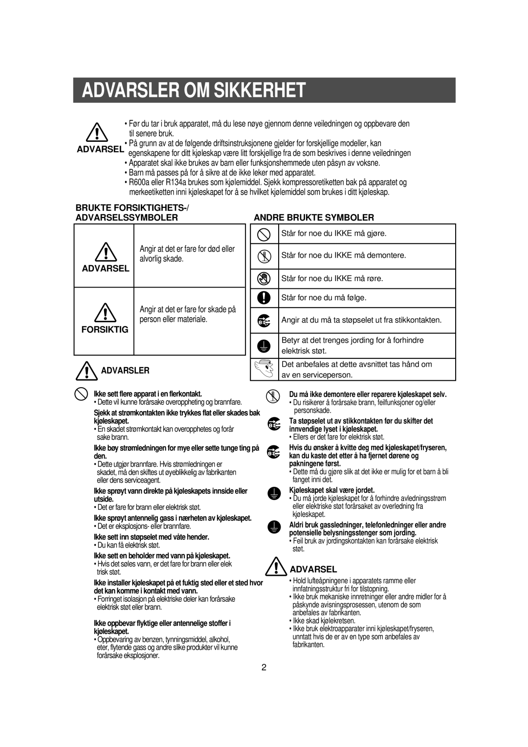 Samsung RS21DGUS1/XEE manual Advarsler OM Sikkerhet, Alvorlig skade, Person eller materiale 