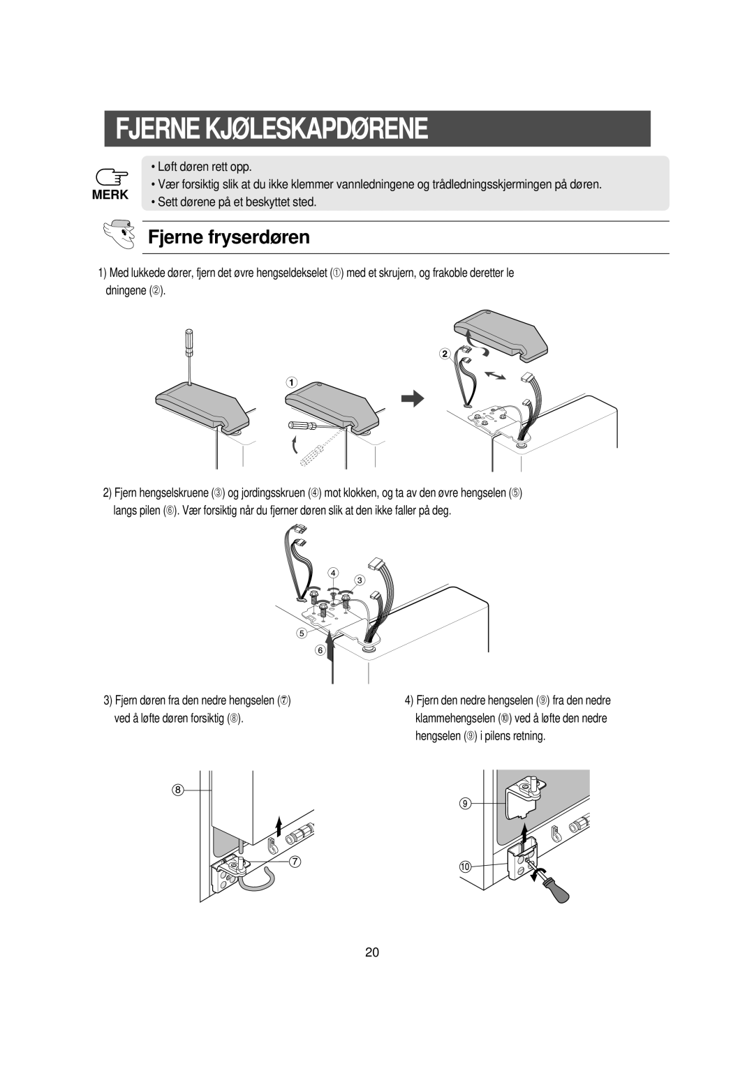 Samsung RS21DGUS1/XEE manual Fjerne Kjøleskapdørene, Fjerne fryserdøren 