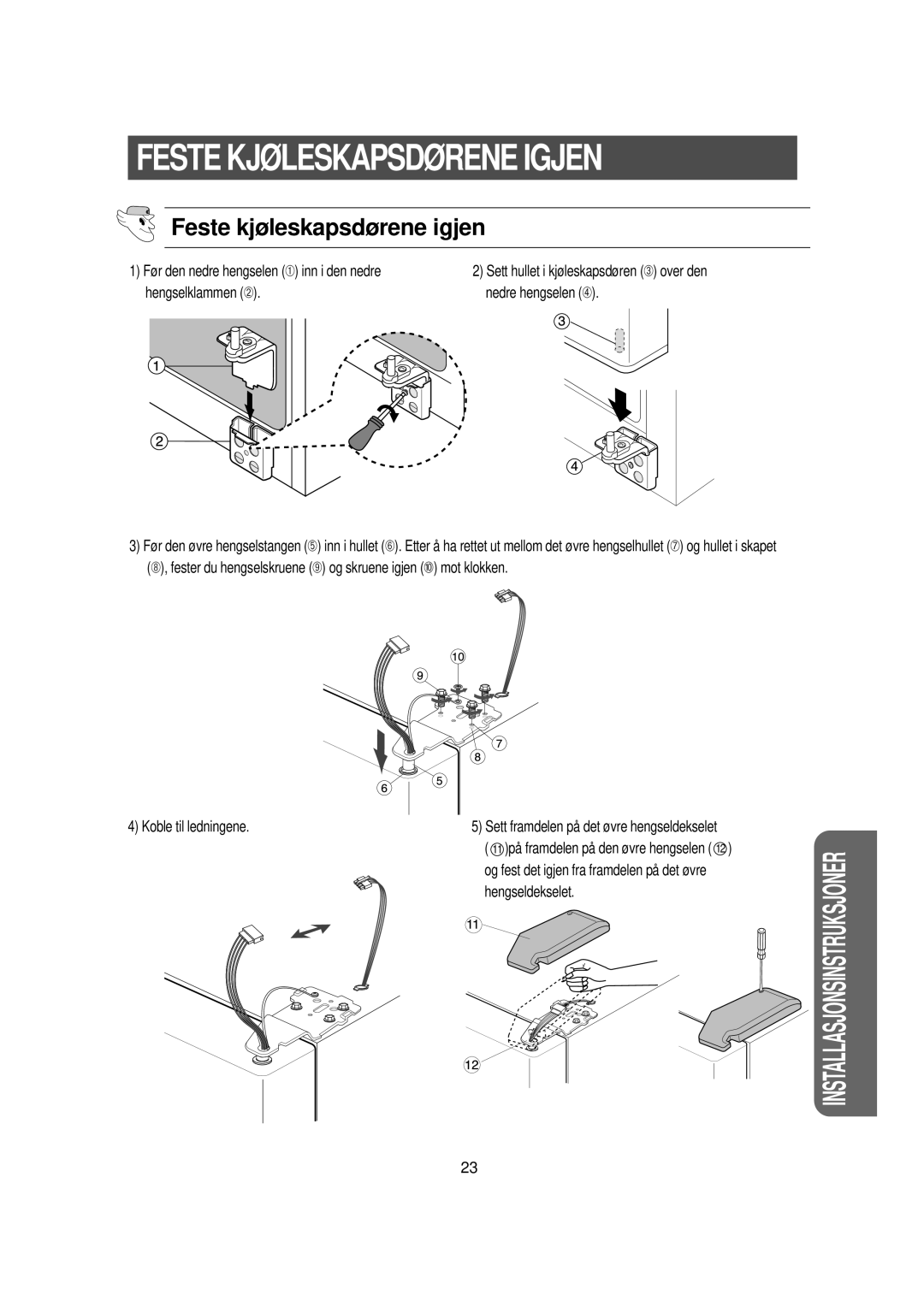 Samsung RS21DGUS1/XEE manual Feste kjøleskapsdørene igjen, Hengseldekselet 