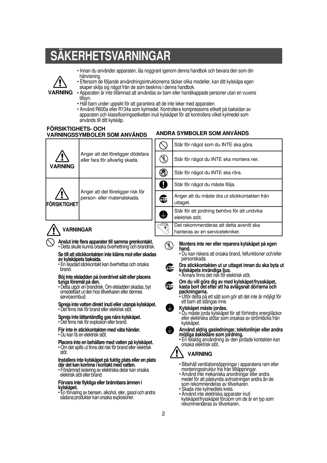 Samsung RS21DGUS1/XEE manual Säkerhetsvarningar 