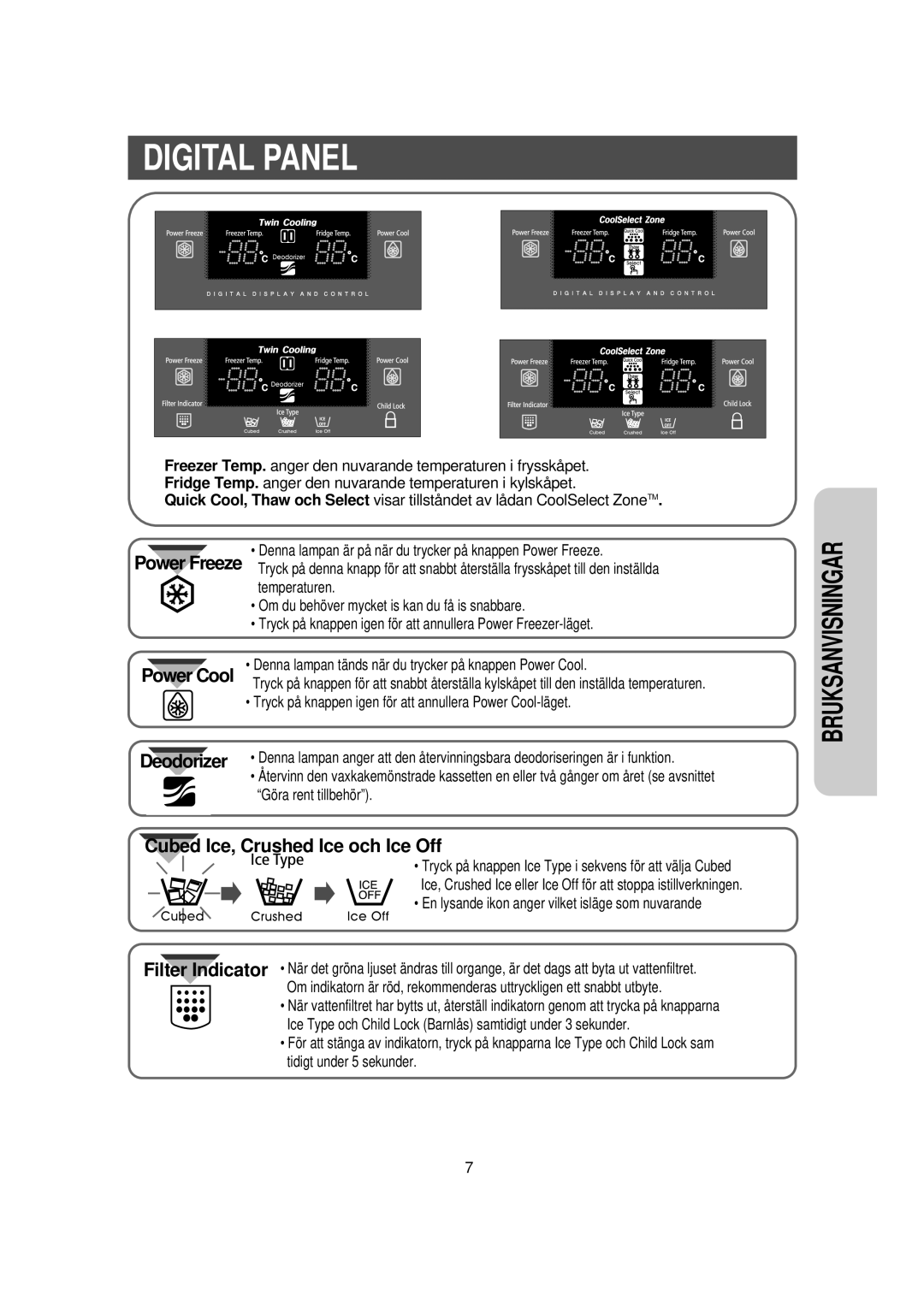 Samsung RS21DGUS1/XEE manual Digital Panel, Power Freeze, En lysande ikon anger vilket isläge som nuvarande 