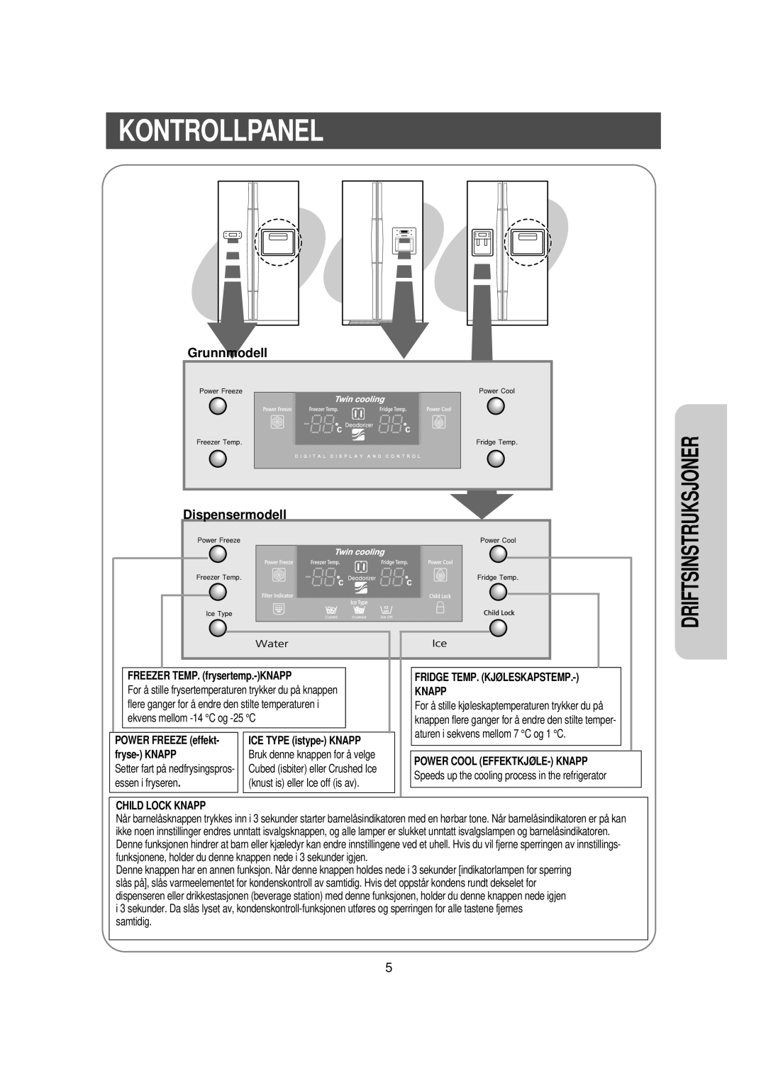 Samsung RS21DGUS1/XEE manual Kontrollpanel, Grunnmodell Dispensermodell 