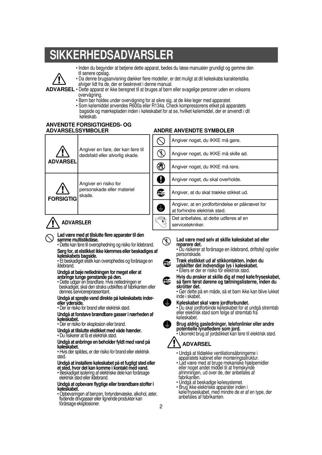 Samsung RS21DGUS1/XEE manual Sikkerhedsadvarsler 