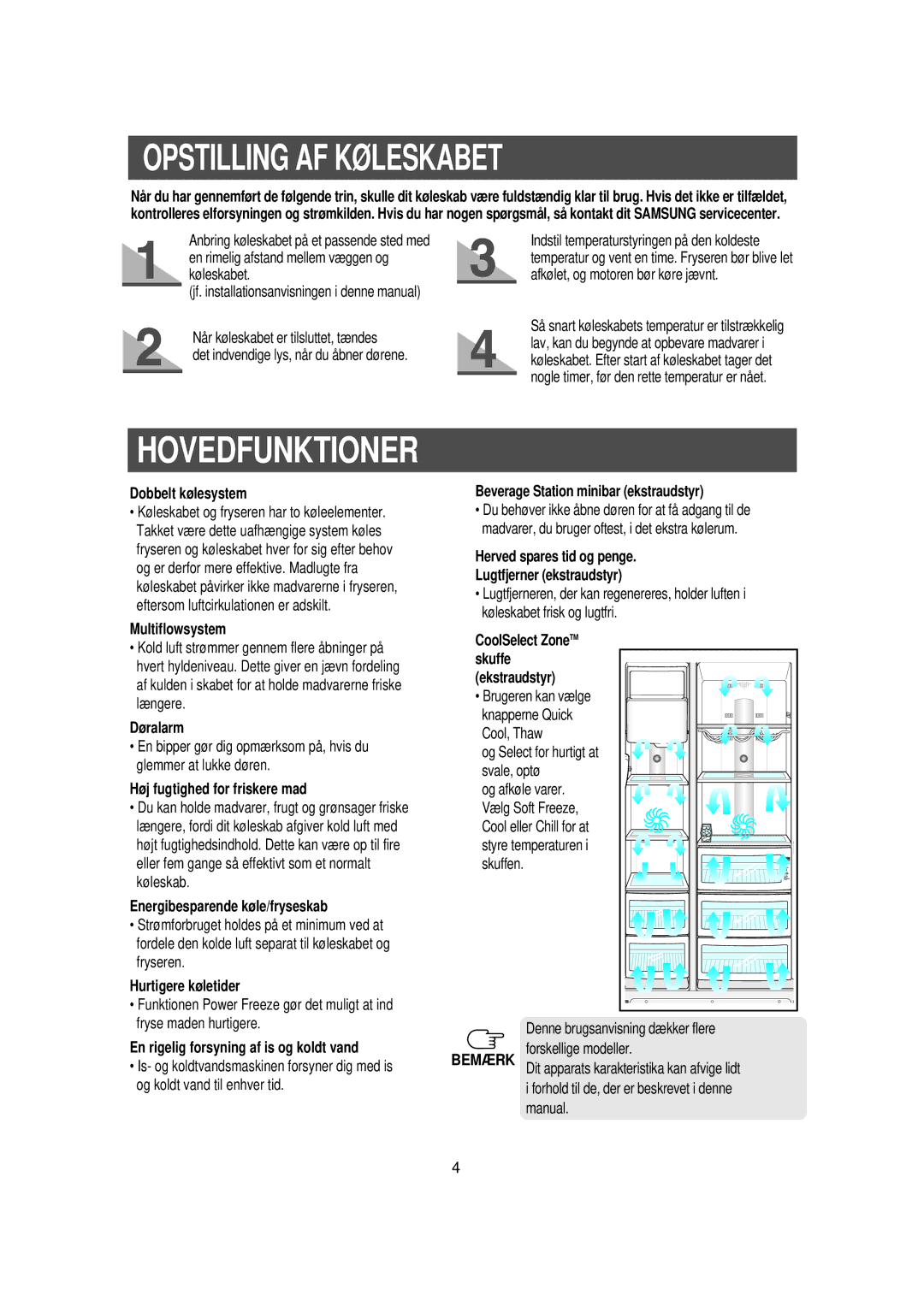 Samsung RS21DGUS1/XEE manual Opstilling AF Køleskabet 