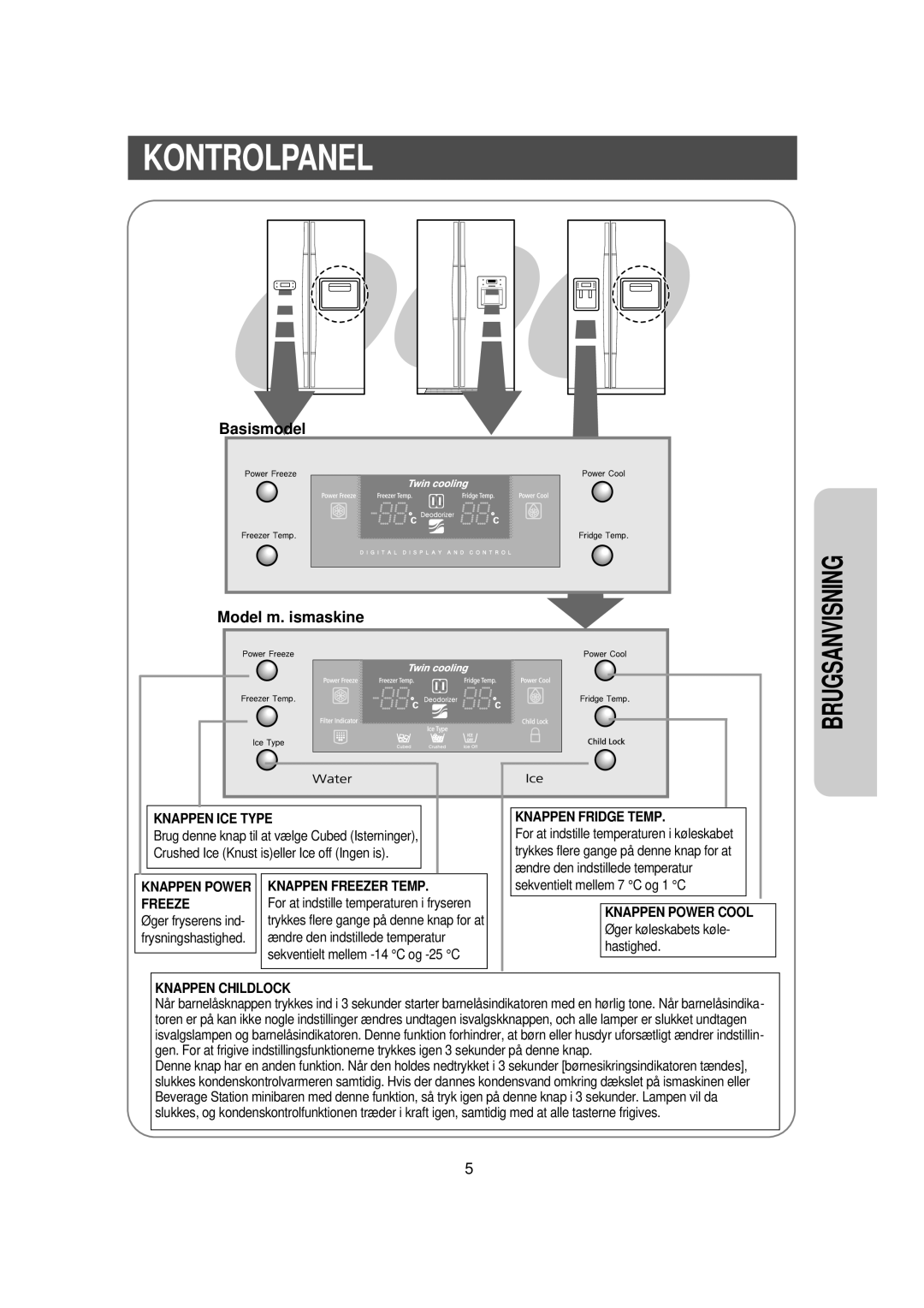 Samsung RS21DGUS1/XEE manual Kontrolpanel, Basismodel Model m. ismaskine 