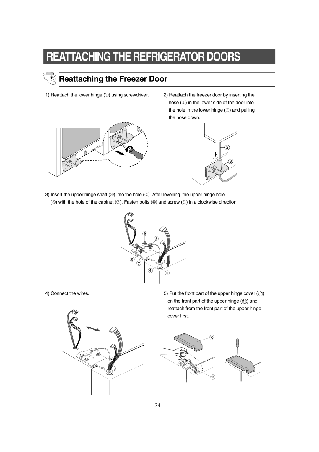 Samsung RS21DJSV1/XEH, RS21DPSM1/SWS, RS21FCSM1/XEG manual Reattaching the Refrigerator Doors, Reattaching the Freezer Door 