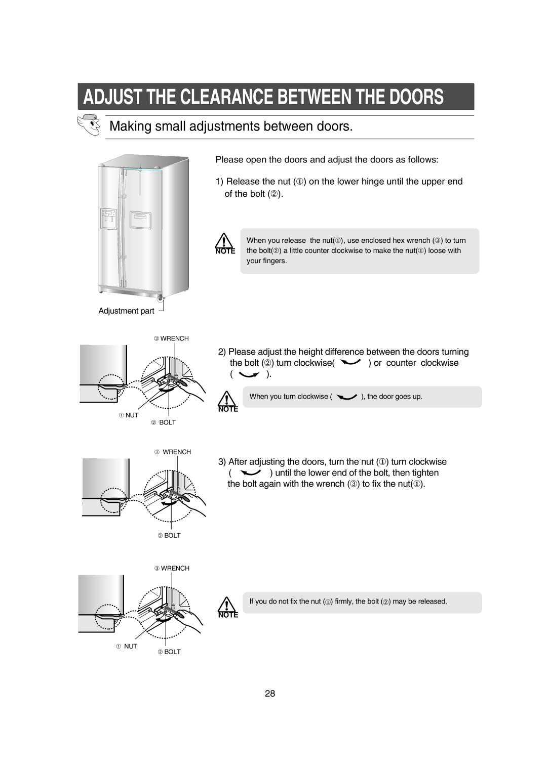 Samsung RS21KLMR1/XEH, RS21DPSM1/SWS, RS21FCSM1/XEG, RS21DCSW1/XEF, RS21DCMS1/XEF manual Adjust the Clearance Between the Doors 